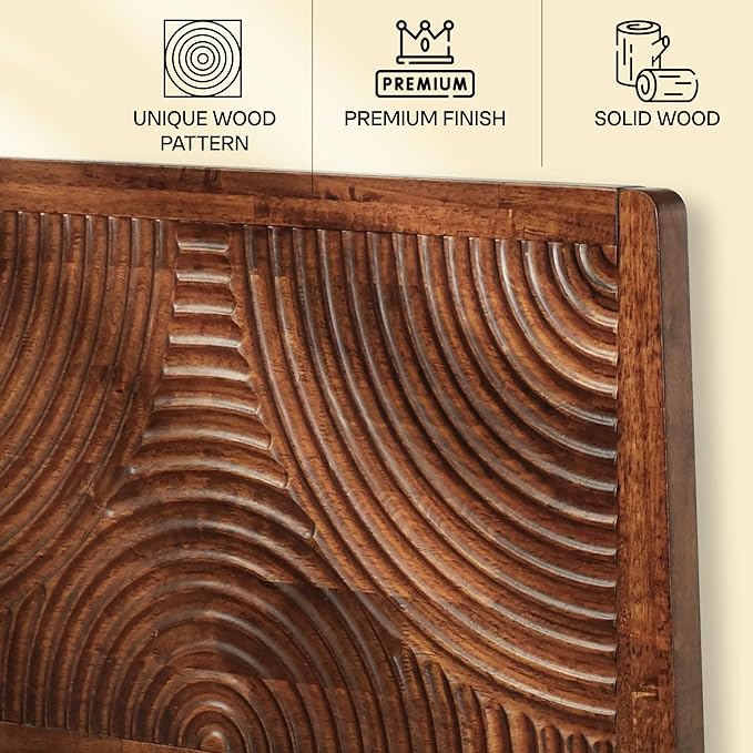 Acacia Harmony Queen Platform Bed Frame – Solid Rubber Wood, Walnut Finish, Mid-Century Style, Unique Wood Grain Pattern, 800lbs Capacity, No Box Spring Required, Easy Setup