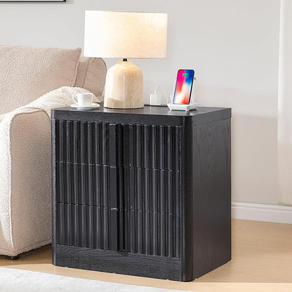 23.6" Nightstand Set of 2 with Charging Station, Side Table with 3 Storage Drawers, Mid Century Modern Night Stand with Solid Wood Handle, Bedside End Table for Bedroom, Living Room, Black