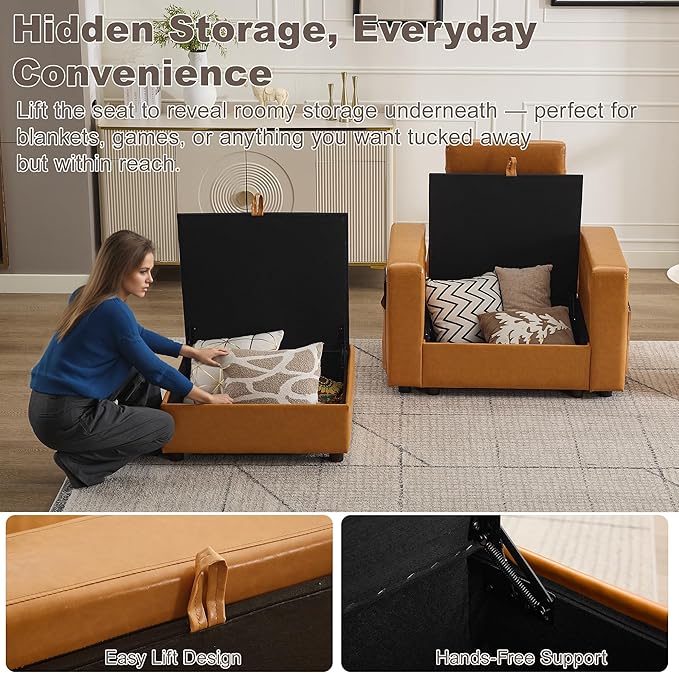 41.1" Accent Storage Sofa Chair with Ottoman, Faux Leather Living Room Chaise Lounge Chair with Headrest & Side Pockets, Modern Upholstered Comfy Arm Chairs, Sleeper Sofa, Reading Club Chairs, Brown