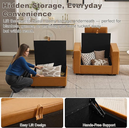 41.1" Accent Storage Sofa Chair with Ottoman, Faux Leather Living Room Chaise Lounge Chair with Headrest & Side Pockets, Modern Upholstered Comfy Arm Chairs, Sleeper Sofa, Reading Club Chairs, Brown