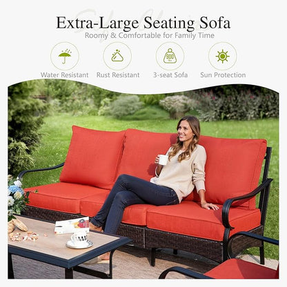 Sophia & William Patio Furniture Set with Fire Pit Table, 5 PCS Metal Outdoor Conversation Set with Fire Pit Table, 2 Sofa Chairs,1 Loveseat, 3-Seater Couch for Outdoor Seating, Backyard, Porch(Red)