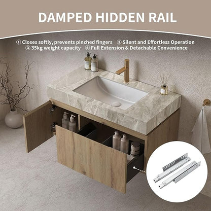 Bathroom Vanity with Sink 36 Inch, Floating Bathroom Vanity Sink Cabinet with Drawer and Door, Undermount Sink & Light Gray Sintered Stone Top, Pre-Assembled, White Oak