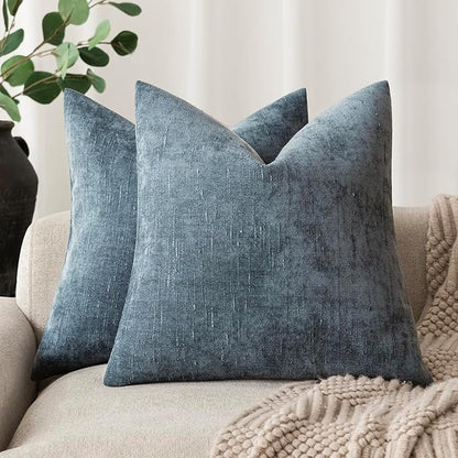 Foindtower Pack of 2 Soft Textured Chenille Throw Decorative Pillow Covers Square Accent Solid Cushion Cover Cozy Neutral Farmhouse Pillow Case for Couch Sofa Bedroom Living Room 24x24 Inch,Blue