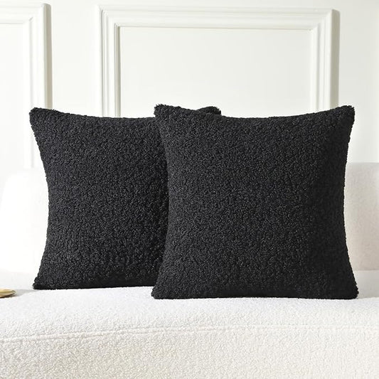 FUTEI Black Throw Pillow Covers 20x20 Inch Set of 2,Furry Faux Fur Teddy Boucle Textured Cushion Covers,Soft Fluffy Decorative Pillow Case,Home Decor for Couch Bed Living Room Office Car