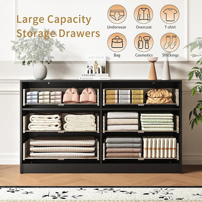 6 Drawers Fluted Dresser for Bedroom, 55" Wide Wooden Dresser with Deep Drawers, Large Floor Chest of Drawers, Modern Long TV Stand, Storage Cabinet Side Table, Black