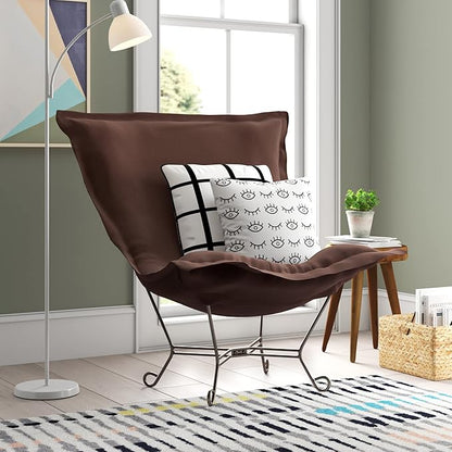 Howard Elliott Scroll Puff Rocker Seating Chair With Cover, Multipurpose Alternate Seating Butterfly Chair with Titanium Frame, Patio Furniture for Camping, Home, Indoor & Outdoor, Sterling Chocolate