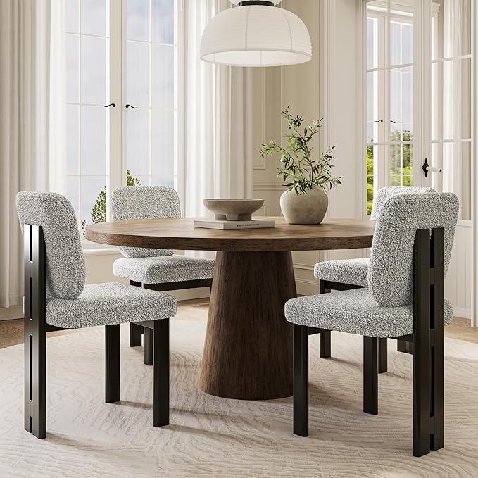 Modern Boucle Dining Chairs Set of 4, Farmhouse Sherpa Upholstered Wooden Kitchen Chairs with Back, Side Armless Dining Room Chairs with Wood Legs for Kitchen Restaurant, Gray