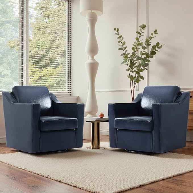 UIXE Faux Leather Swivel Accent Chair, Upholstered Arm Chair for Living Room, Modern Club Armchair Comfy Single Sofa Bedroom Reading Seat with Lumbar Pillow - Navy Blue