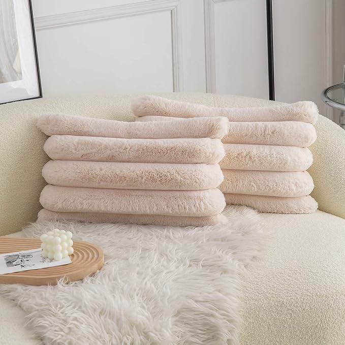 Neelvin Beige Faux Fur Cozy Soft Striped Decorative Throw Pillow Covers 12x20 inch Set of 2,Velvet Pillowcase Cushion Case for Sofa Couch