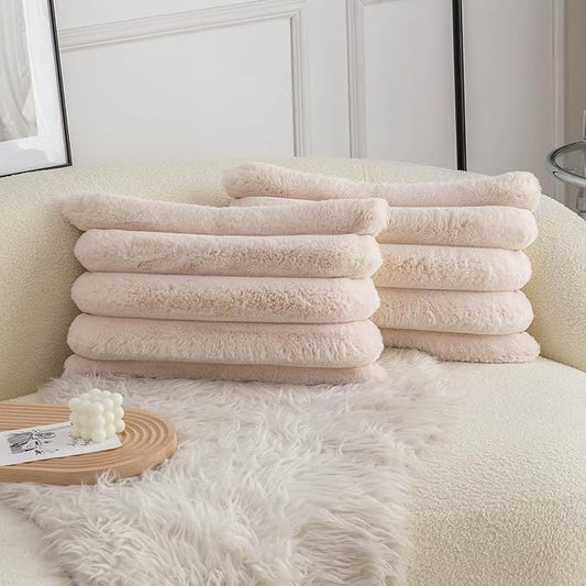 Neelvin Beige Faux Fur Cozy Soft Striped Decorative Throw Pillow Covers 12x20 inch Set of 2,Velvet Pillowcase Cushion Case for Sofa Couch