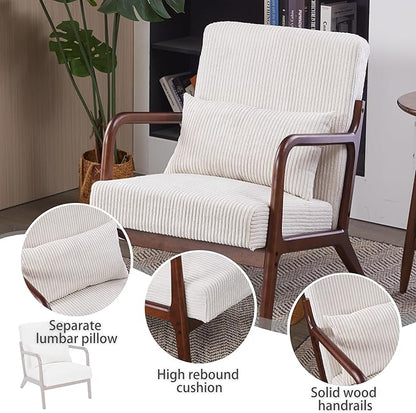 Accent Chairs, Set of 2 Mid-Century Modern Chair with Pillow, Armchair with Solid Wood, Reading Relaxing Leisure Chair for Living Room（White）
