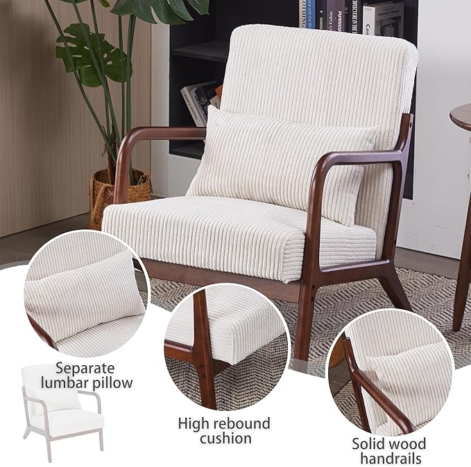 Accent Chairs, Mid-Century Modern Chair with Pillow, Armchair with Solid Wood, Reading Relaxing Leisure Chair for Living Room（Beige/Walnut）