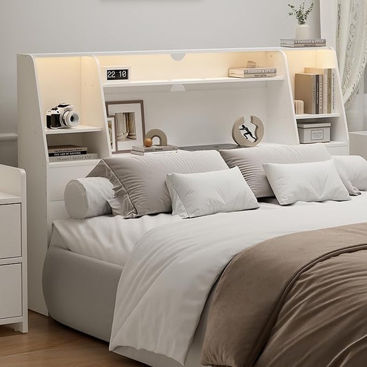 Queen/Full Headboard Queen Size with Storage, Wood Bookcase Headboard with Charging Station & 2 LED Lights, Modern Headboard Only for Queen Size Bed, Noise-Free, Sturdy and Durable, White
