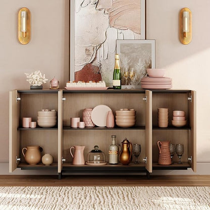 WAMPAT Modern Sideboard Buffet Cabinet with 8 Doors, Multifunctional Sideboard with Large Storage and T-Shaped Legs, Coffee Bar Cabinet Storage Cabinet for Kitchen, Living Room, Light Oak