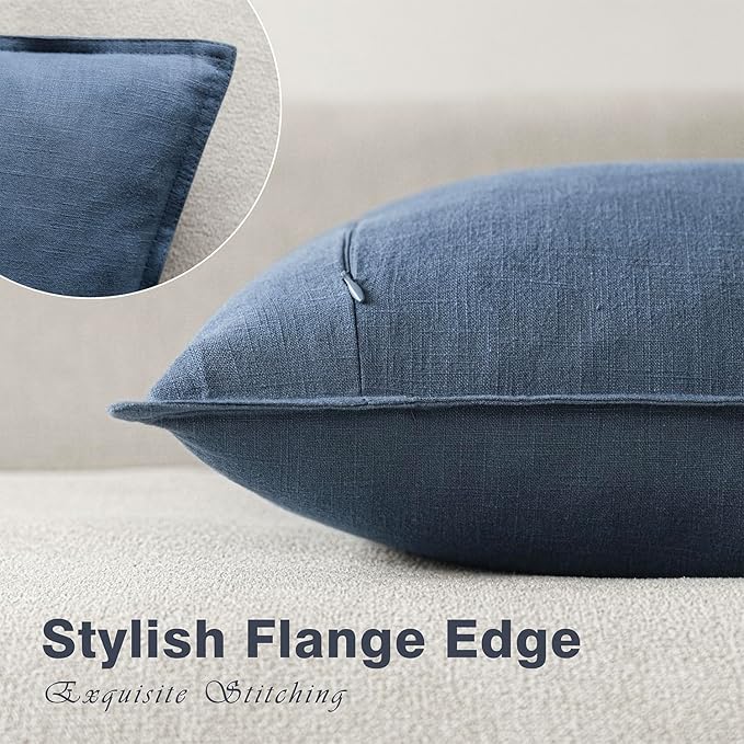 Foindtower Pack of 2, Decorative Ramie Cotton Throw Pillow Covers Soft Accent Euro Cushion Case Farmhouse Neutral Pillowcase for Chair Couch Sofa Bedroom Living Room Home Decor 22 x 22 Inch Dark Blue