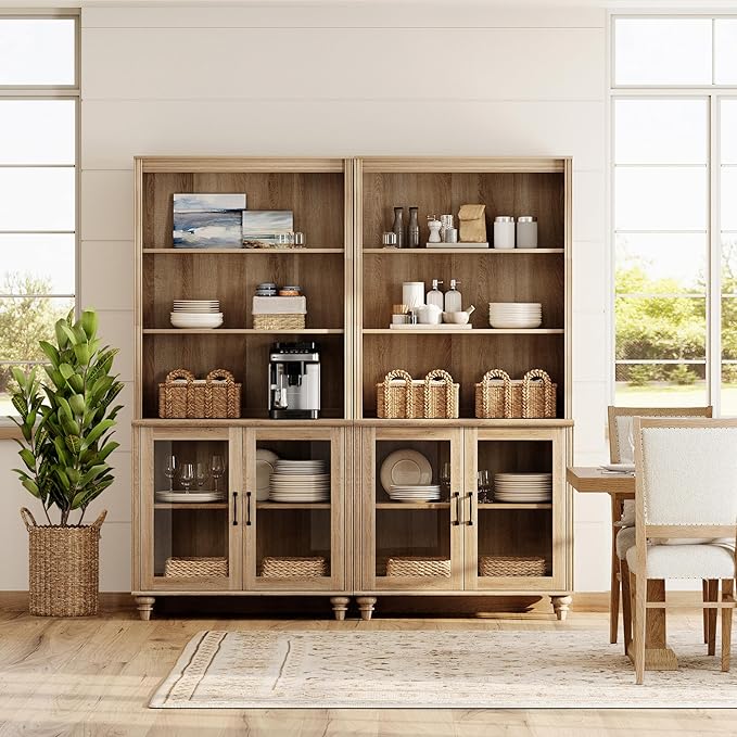 WAMPAT 5 Tier Bookshelf 72" Tall Bookcase with Glass Doors,Large Farmhouse Display Book Shelf with Adjustable Shelves and Storage Cabinet，Library Wood Bookshelves for Living Room,Kitchen, Oak(2PCS)