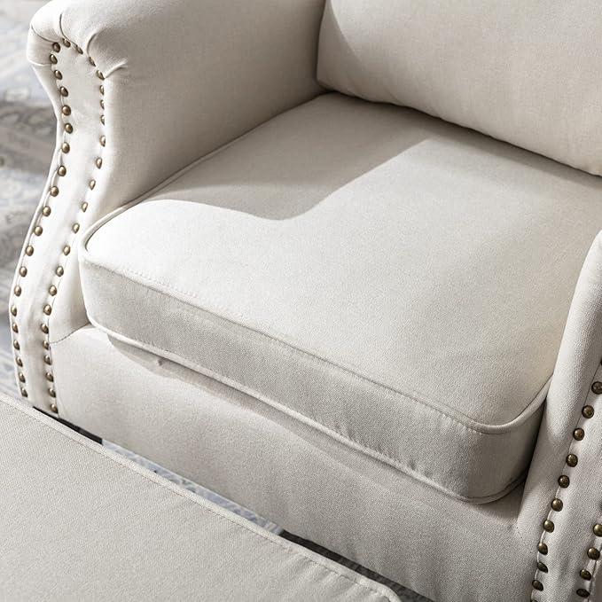 Mid Century Modern Accent Chair Upholstered Armchair Comfy Linen Fabric Tufted Wingback Single Sofa with Ottoman for Bedroom Living Room, Beige