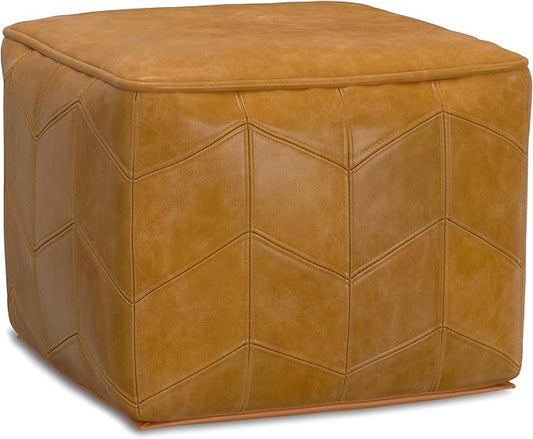 SIMPLIHOME Morden Contemporary Square Pouf in Brown Genuine Leather for The Living Room, Bedroom and Kids Room