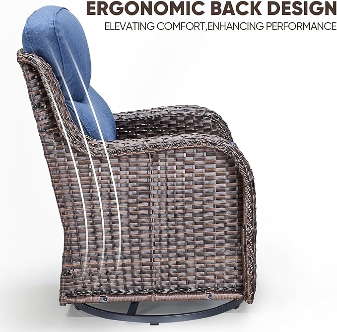Swivel Patio Chairs sofa Set of 8 with 6" Thick Cushion - Wicker Outdoor Swivel Rocker Patio Chair ,Sofa/Glass coffee table, High Back Comfortable Outdoor Glider Chairs - Brown Wicker - Blue Cushions