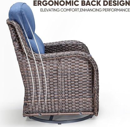 Swivel Patio Chairs sofa Set of 8 with 6" Thick Cushion - Wicker Outdoor Swivel Rocker Patio Chair ,Sofa/Glass coffee table, High Back Comfortable Outdoor Glider Chairs - Brown Wicker - Blue Cushions