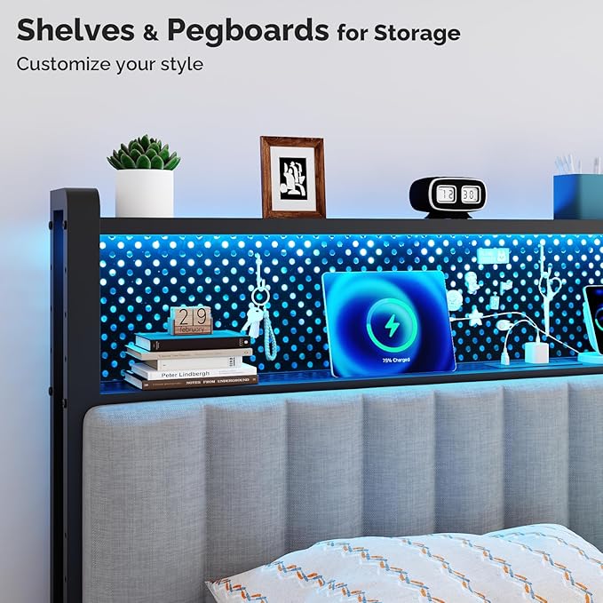 VINGLI Full Size Headboard Only, Adjustable Upholstered Headboard with 2 Tier Shelves and Pegboard with Charging Stations and LED Lights, Modern Bed Headboard with Storage for Bedroom Decor