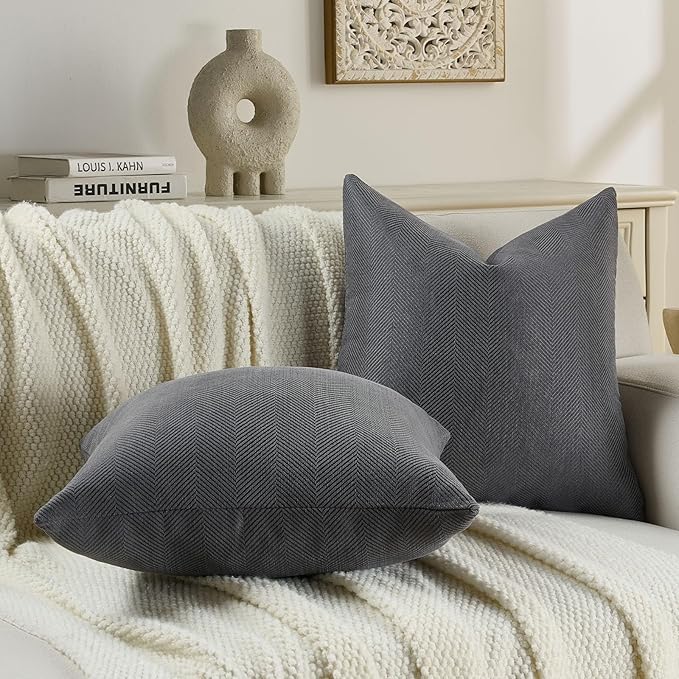 FUTEI Dark Grey Chenille Throw Pillow Covers 24x24 Inch Set of 2,Soft Wide Chevron Textured European Pillow Shams,Farmhouse Home Decor for Couch Bed Living Room