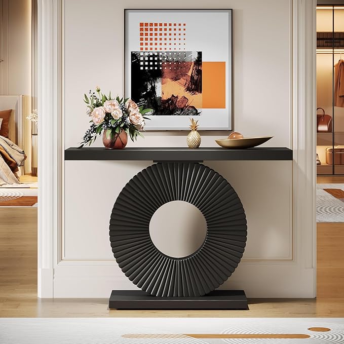 Tribesigns Modern Entryway Console Table, 39 inch Wooden Narrow Sofa Table Behind Couch with Geometric Base, Contemporary Accent Table for Living Room, Entrance, Hallway, Black