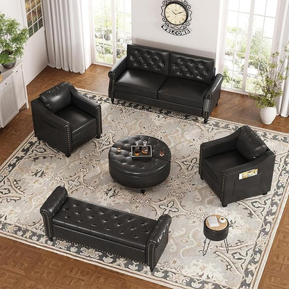 Faux Leather Accent Chair Set of 2 for Living Room, 30 Inches Barrel Upholstered Armchair, Cozy Mid Century Modern Club Arm Chair Single Sofa for Bedroom, Apartment, Reading Room, Black