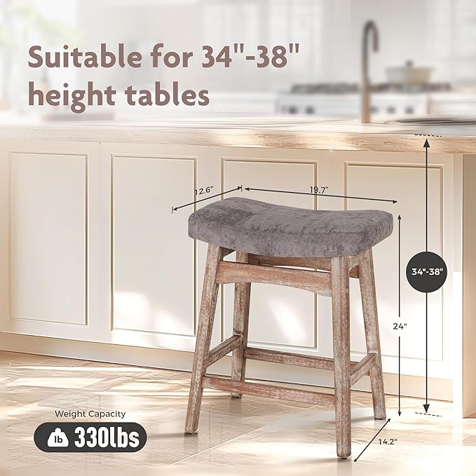 ALPHA HOME Bar Stools Set of 3, Solid Wood Saddle Kitchen Stools with Grey Linen Fabric Cushion Counter Height Barstools, 24 Inch, Grey, 3PCS