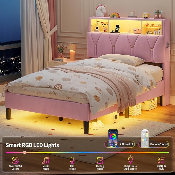 Twin Bed Frames with Storage Headboard,Power Outlet, LED Lights,Velvet Upholstered Platform Bed Twin for Kids, Pink Bed Frame with 5 Storage Shelves for Girls, No Box Spring Needed, Pink
