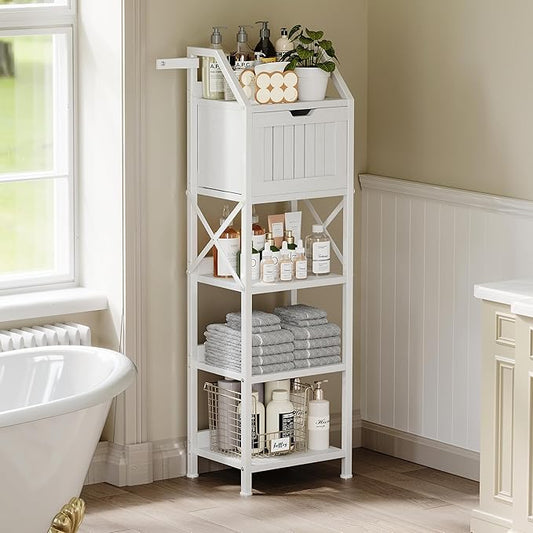 Bathroom Floor Cabinet, 5-Tier Bathroom Storage Organizer Rack with Drawer, Multifunctional Corner Unit, 47.24 Inches in Height, White