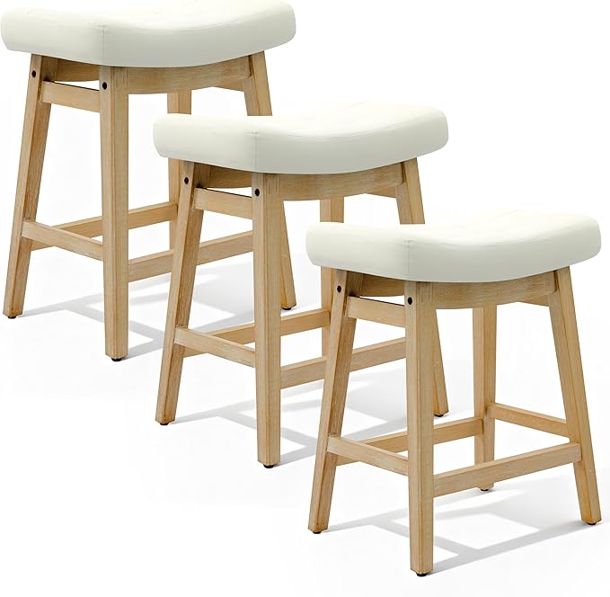 Counter Height Bar Stools Set of 3 for Kitchen Island Modern Barstools with Upholstered Faux Leather Backless Seat and Solid Wood Legs, 24 inch Farmhouse Bar Chairs, White