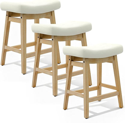 Counter Height Bar Stools Set of 3 for Kitchen Island Modern Barstools with Upholstered Faux Leather Backless Seat and Solid Wood Legs, 24 inch Farmhouse Bar Chairs, White