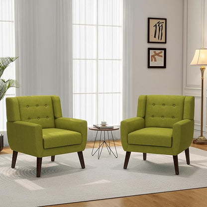 Accent Chair, Mid-Century Modern Fabric Chairs with Arms for Living Room, Comfy Upholstered Club Single Sofa Armchair for Bedroom Waiting Room with Solid Wood Frame (Fabric Green, Set of 1)