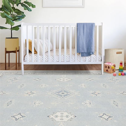 RUGGABLE Washable Vintage Area Rug – Verena Soft Blue 9x12, Stain-Resistant, Non-Slip – Large Machine Washable Rugs for Living Room, Bedroom, Hallway, Entryway & Office–with Standard Pad