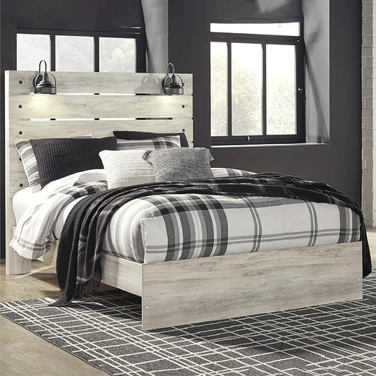 Signature Design by Ashley Cambeck Farmhouse Queen Panel Bed with LED Sconce Lights and USB Charging Ports, Open Slat Styling, Foundation or Box Spring Needed, Wood, Whitewash Finish