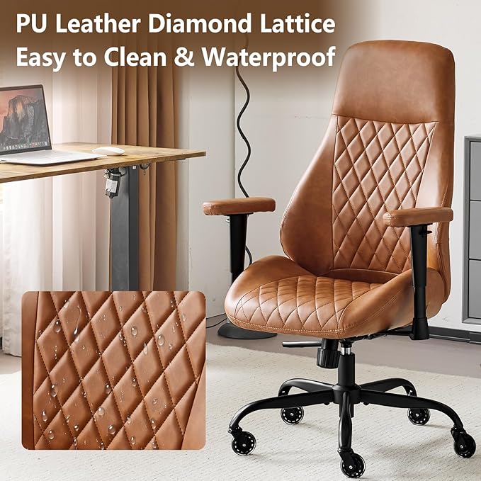 YFO Home Office Desk Chair High Back Office Rubber Casters Ergonomic Computer Chair with Lumbar Support Adjustable Height Rolling Swivel Chair Executive Task Armrests， Brown Leather