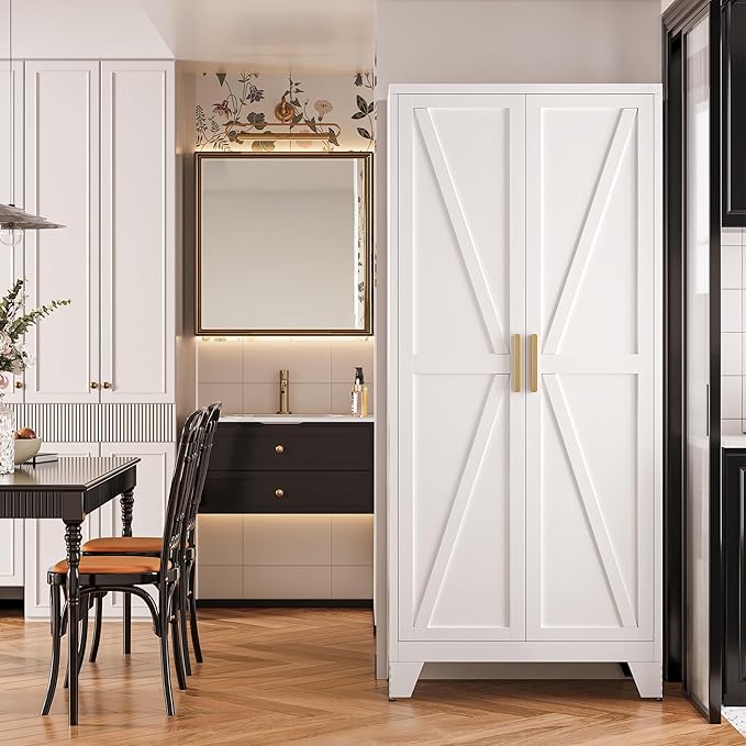 Large Metal Kitchen Pantry Storage Cabinet with Adjustable Shelves - Freestanding Kitchen Storage Cabinet for Dining Room,Livingroom Bathroom, Hallway, Workshop, Office (White, 71"- 0 drawer)