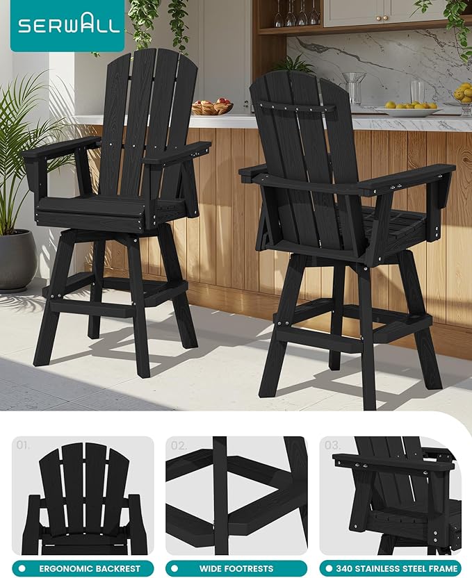 SERWALL 5-Piece Swivel Adirondack Bar Set, HDPE Swivel Bar Height Chairs Set of 4 with Bar Table, All-Weather Outdoor Barstools for Patio, Poolside, Garden, Black