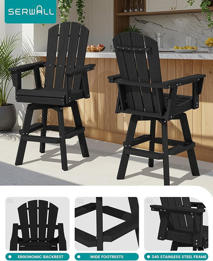 SERWALL 3-Piece Swivel Adirondack Bar Set, HDPE Swivel Bar Height Chairs Set of 2 with Bar Table, All-Weather Outdoor Barstools for Patio, Poolside, Garden, Black