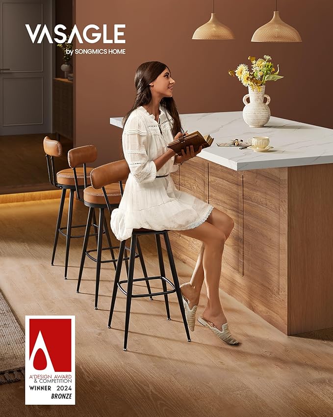 VASAGLE EKHO Collection - Bar Stools Set of 2, Swivel Bar Height Bar Stools with Back, Synthetic Leather with Stitching, Mid-Century Modern, 30-Inch Tall Barstools for Kitchen Home Bar, Caramel Brown