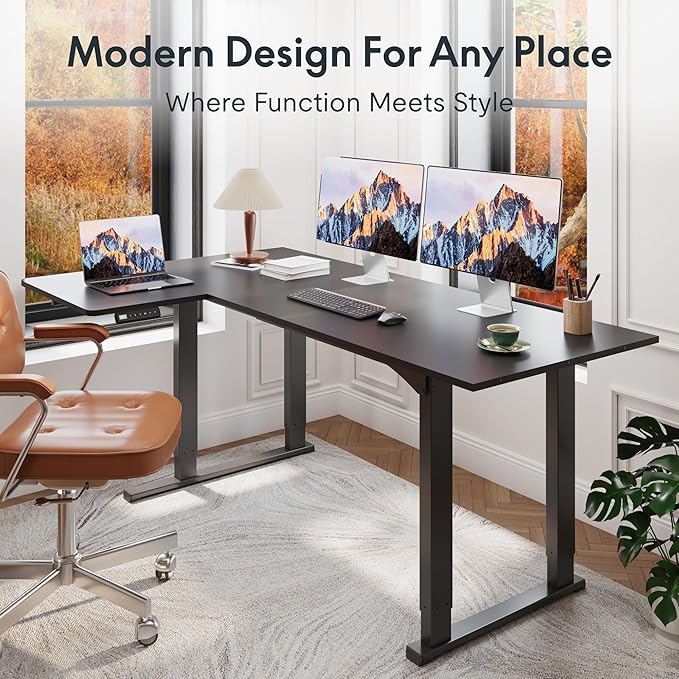 FLEXISPOT 4-Leg L-Shaped Standing Desk, 71 x 43 Inches Electric Height Adjustable Desk with Memory Controller, 220lb Load Capacity, Reversible L/R Corner Desk for Home Office, Gaming & Study, Black