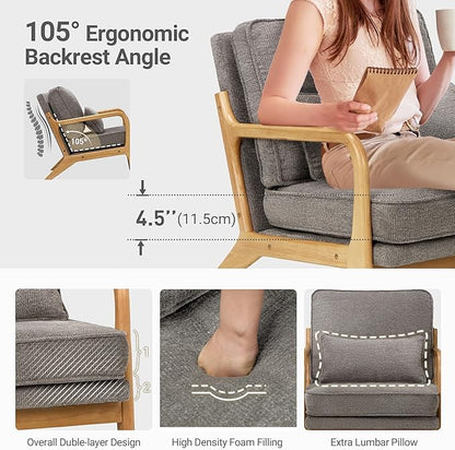 COLAMY Mid Century Modern Accent Chair with Lumbar Pillow, Relaxing Armchair with Solid Wood Frame & Soft Cushion, Reading Leisure Chair for Living Room,Bedroom,Waiting Room（Grey）