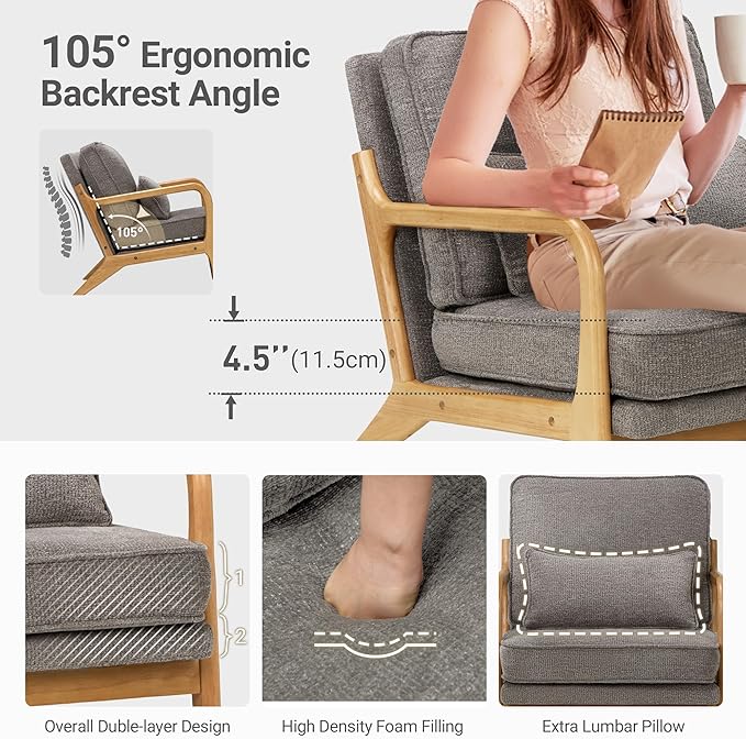 Modern Accent Chair with Lumbar Pillow, Relaxing Mid Century Chair Armchair with Solid Wood Frame & Soft Cushion, Reading Leisure Armchair for Living Room, Grey
