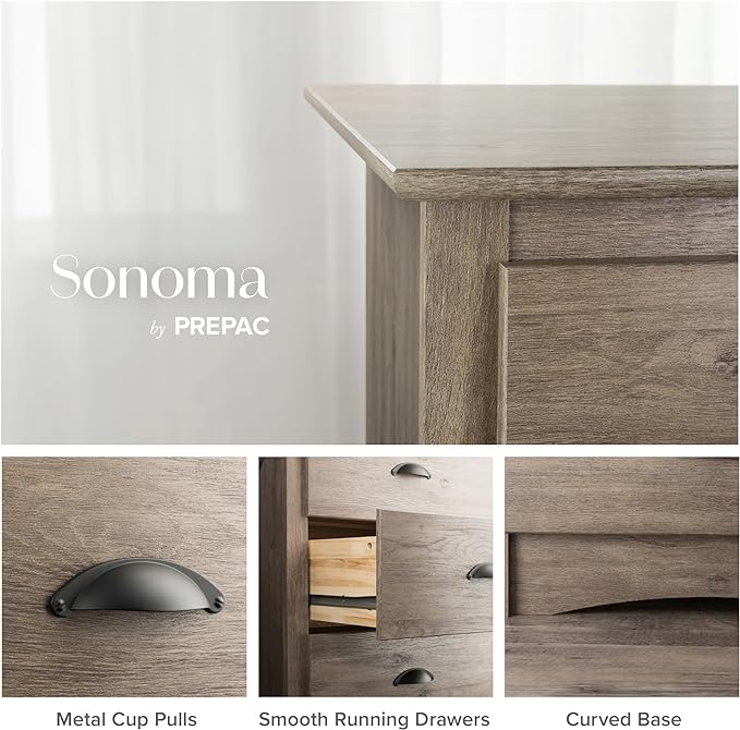 Prepac Sonoma Rustic 5-Drawer Tall Dresser for Bedroom, Farmhouse Dresser Chest of Drawers 17.75" D x 31.5" W x 44.75" H, Drifted Gray