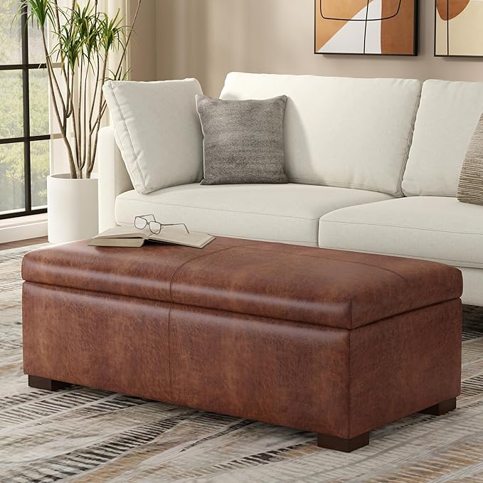 SIMPLIHOME Gabbie 48 inch Wide Contemporary Rectangle Rectangular Storage Ottoman in Distressed Saddle Brown Vegan Faux Leather, Assembled, for The Living Room, Entryway and Family Room