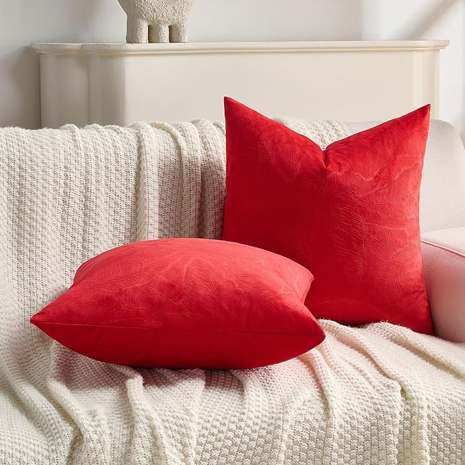 FUTEI Christmas Red Velvet Throw Pillow Covers 12x20 Inch Set of 2,Soft Embossed Leaf-Relief Textured Lumbar Pillow Cases,Natural Home Decor for Couch Living Room