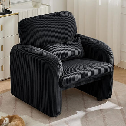 Corduroy Fabric Accent Chair, Modern Upholstered Living Room Chairs with Lumbar Pillow, Wide Comfy Leisure Armchair for Bedroom, Office, Reading, Black