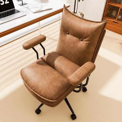 Brown Leather Office Chair with Wheels, Triple-Layers Thicken Wide Seat Height Adjustable, Mid-Century Modern Comfy Desk Chair for Home, Office