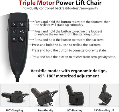 Oversized Zero Gravity Power Lift Recliner Chair for Elderly Adults Big Man Electric Lay Flat Recliner Triple Motor with Heat and Massage, Adjustable Seat Height, Arm Storage, Cup Holder